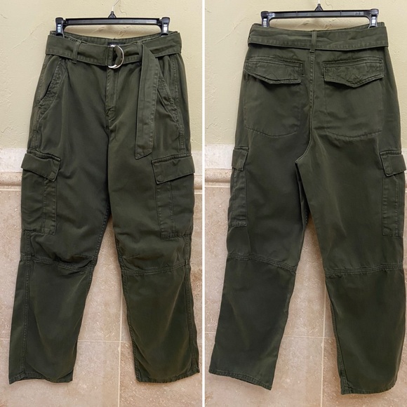 TOPSHOP Army Green High Waisted Cargo Pocket Straight Leg Pants Size US 4 - Picture 2 of 6